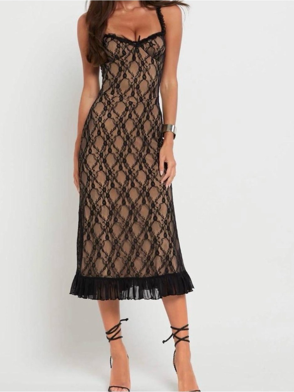 Tiger Mist Black Lace Midi Dress with Nude Underlayer